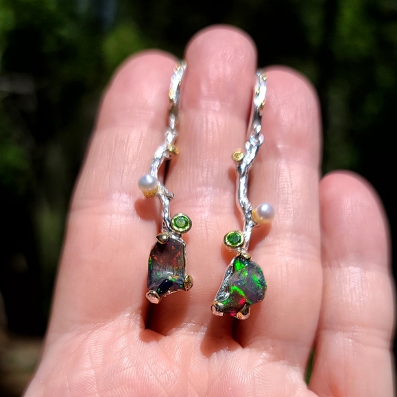 RAW black Opal chrome Diopside pearl & citrine sterling vine earrings - Picture 11 of 13